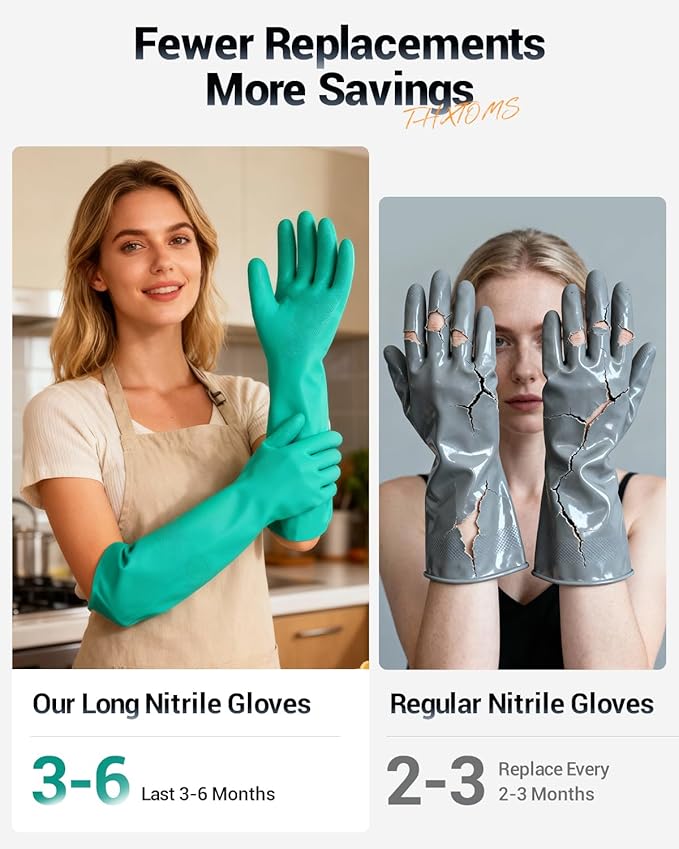 ThxToms Long Nitrile Chemical Resistant Gloves, Reusable Heavy Duty Safety Work Gloves, Acid, Alkali and Oil Protection