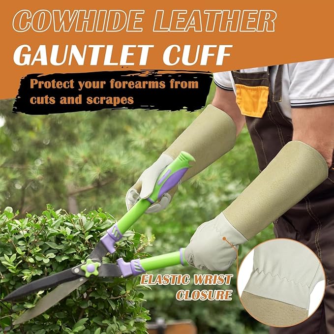 Rose Pruning Gloves for Men & Women, Long Thorn Proof Gardening Gloves, Breathable Pigskin Leather Gauntlet, Best Garden Gifts & Tools for Gardener(Beige White, S)