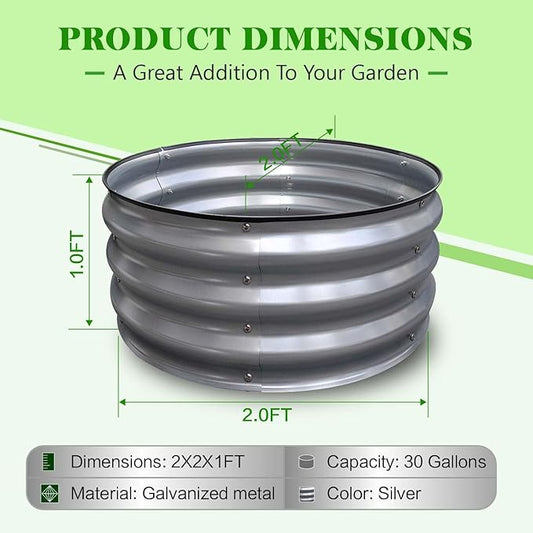 GrowHaus 2x2x1FT Galvanized Raised Garden Bed, Planter Boxes Outdoor Round Metal Garden Beds for Planting Vegetables Flowers Herbs Silver