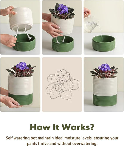 Fayoula Self Watering Pots for Indoor Plants, 6 Inch Ceramic Self Watering Plant Pot, Planter Pot with Wick Rope and Drainage Hole for African Violet Succulent Herbs (White Matte)