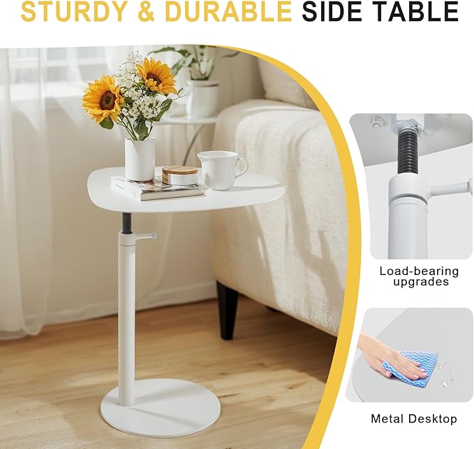 C Shaped End Table,Tray Metal Sofa Side Table, Accent Coffee Table, Waterproof and Anti-Rust Outdoor&Indoor Snack(Model A Adjustable, White)