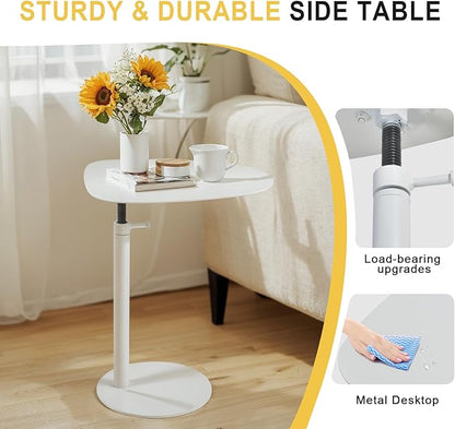 C Shaped End Table,Tray Metal Sofa Side Table, Accent Coffee Table, Waterproof and Anti-Rust Outdoor&Indoor Snack(Model A Adjustable, White)