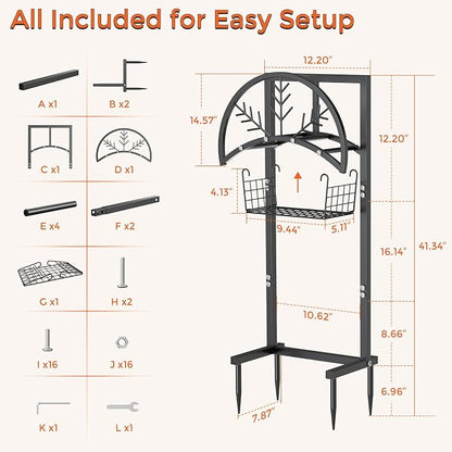 Heavy Duty Garden Hose Holder with Storage Basket, Holds Up to 160FT Hose, Freestanding Metal Water Hose Organizer with 4 Anchor Spikes, for Outdoor Yard Lawn Patio