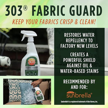 303 (30606) Products Fabric Guard - For Outdoor Fabrics - Restores Water Repellency To Factory New Levels - Repels Moisture - Prevents Stains - Safe For All Fabrics, 32 fl. oz., White