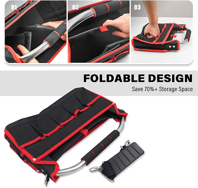 HAUTMEC 16" Foldable Tool Tote Bag, Open Top Tool Bag with Stiff Frame, 16-Pockets Electrician Tool Bag with Padded Steel Handle, Shoulder Strap & Water-Resistant Hard Base – TB0002