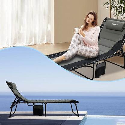 Oversized Padded Outdoor Folding Lounge Chair for Adults 330Ibs Patio Chaise Lounge Chair for Outside 5-Position Adjustable Reclining Beach Chair with Pillow Pocket
