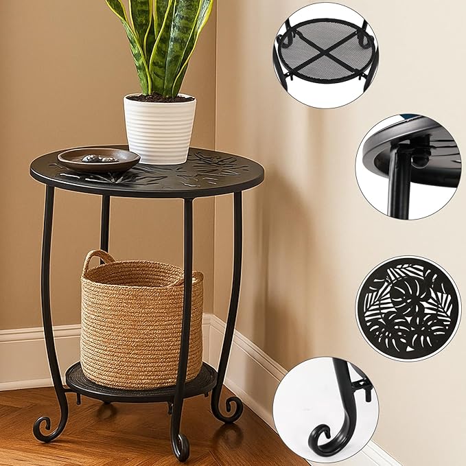 2-Tier Metal Round Side Table Set of Two Black Accent Coffee Tables Small Space Corner Plant Stand Shelf for Indoor Outdoor Porch Patio Balcony Living Room End Table with Storage Weather-Resistant