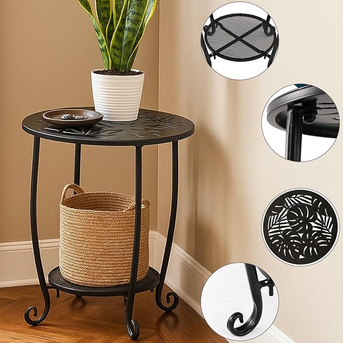 2-Tier Metal Round Side Table Black Accent Coffee Tables Small Space Corner Plant Stand Shelf for Indoor Outdoor Porch Patio Balcony Living Room End Table with Storage, Rust-Proof
