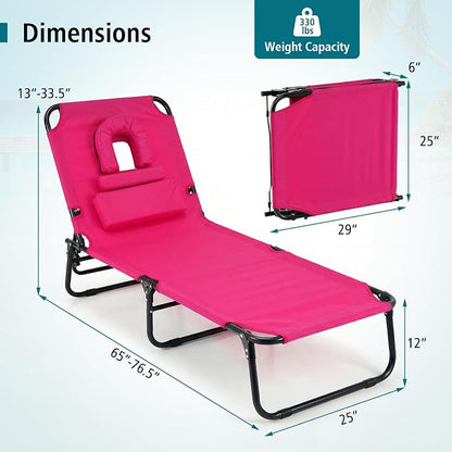 GYMAX Tanning Chair, 330lbs Beach Lounge Chair with Face Hole, Detachable Washable Pillow & Carry Strap, Adjustable Folding Chaise Lounge, Layout Chair for Outside, Patio, Poolside, Lawn (2, Pink)