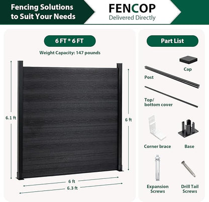 6ft x 6ft Outdoor Privacy Fence, Wind Resistant, Wood Plastic Composite Fence Panel with 2 Posts, Fencing for Yard, Backyard, Garden and Pool
