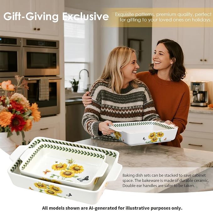 ACMLIFE Ceramic Casserole Dish Set, Ceramic Baking Dish for Oven, Casserole Dish Bakeware Set, Casserole Dishes for Oven, Lasagna Pan, Large Baking Dishes with Handles, Microwave, Dishwasher Safe, Gift Packaging Floral 2 Pcs Set(13"x8"+10.3"x6.3") (Sun...
