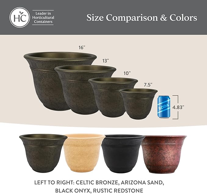 The HC Companies Sierra Round Self-Watering Pot - Lightweight Plastic Planter for Herbs & More - Durable Plant Pots for Indoor Plants & Outdoor Plants (16” Celtic Bronze, Pack of 1)