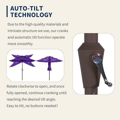 9FT 3 Tiers Patio Umbrella With Auto Tilt And Crank, Outdoor Table Market Umbrella with 8 Sturdy Ribs for Garden, Lawn, Deck, Backyard and Pool