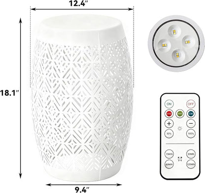 18" Cutout Metal Outdoor Side Table with 3-Mode LED Lights, Modern Decorative Drum End Table, Versatile Coffee Table/Garden Stool/Night Stand/Plant Stand for Patio, Living Room, Bedroom