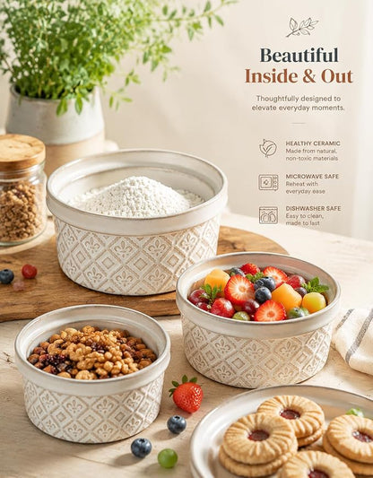 Airtight Food Storage Containers with Lids Mixing Bowls Set, Ceramic Serving Bowls with Lids Set of 4, 12/16/28/40 oz Stackable Nesting Salad Bowls for Cooking, Baking, Ramen - Beige