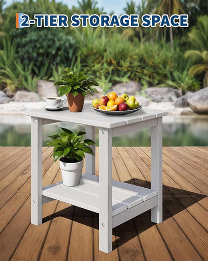 GarveeLife Outdoor Side Table 2-Tier, 18 in HDPE All Weather Resistant Patio Side Tables for Outside, End Table for Patio Pool Deck Indoor Backyard, White