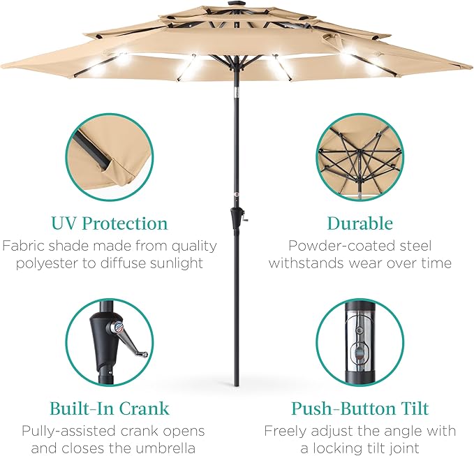 Best Choice Products 10ft 3-Tier Solar Patio Umbrella, Outdoor Market Sun Shade for Backyard, Deck, Poolside w/ 24 LED Lights, Tilt Adjustment, Easy Crank, 8 Ribs - Sand