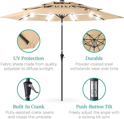 Best Choice Products 10ft 3-Tier Solar Patio Umbrella, Outdoor Market Sun Shade for Backyard, Deck, Poolside w/ 24 LED Lights, Tilt Adjustment, Easy Crank, 8 Ribs - Sand