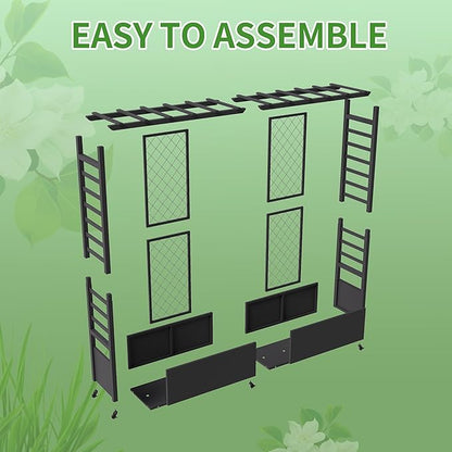 74" Mobile Planter with Trellis,Weatherproof Vertical Raise Garden Bed with Trellis & Hanging Roof for Climbing Plants,Flowers,Vegetables,Rust-Proof Metal Privacy Planter for Patio (Black-B)