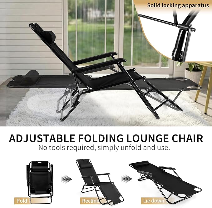 Outvita Folding Chaise Lounge Chair, Outdoor Adjustable Recliner Chair with Pillow for Camping, Beach, Poolside, Garden, Backyard, Lawn