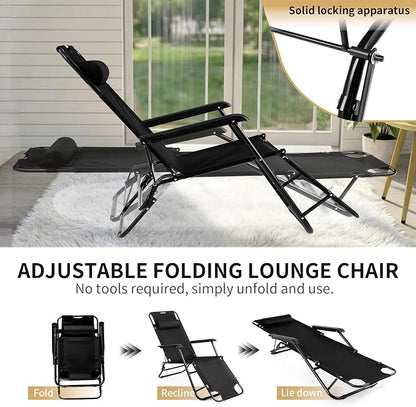 Outvita Folding Chaise Lounge Chair, Outdoor Adjustable Recliner Chair with Pillow for Camping, Beach, Poolside, Garden, Backyard, Lawn
