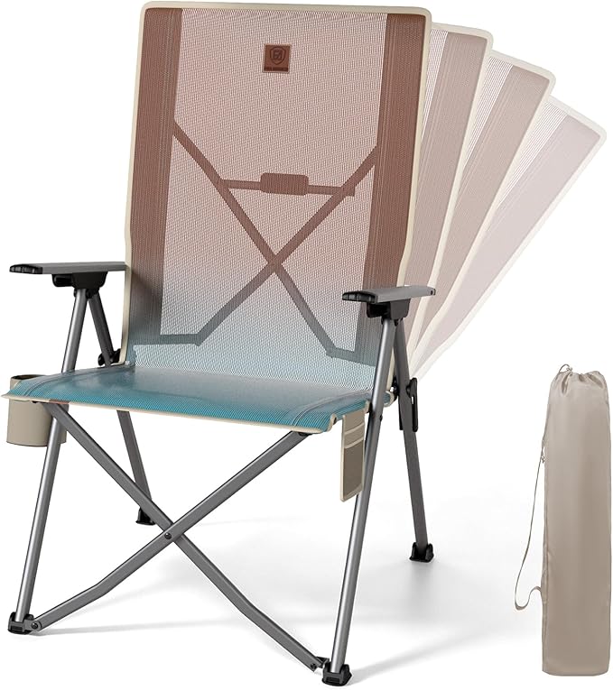 EVER ADVANCED Reclining Camping Chairs for Adult Lightweight, 4-Level Recliner Chairs, Lawn Chair for Patio Balcony, Supports 350lbs, Stretch Mesh Orange & Blue