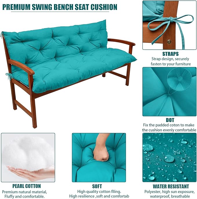 Swing Replacement Seat Cushions, 2-3 Seater Bench Cushions for Outdoor Furnitur with Backrest, Garden Recliner Seat Cushions Waterproof Sofa Pads (Lake Blue, 40x40in)