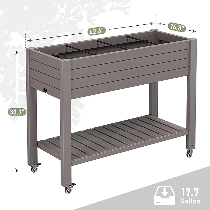 Raised Garden Bed with Wheels, Divisible Resin Planter Box with Drainage Gauge & Storage Shelf, Herb Planter for Garden Patio Backyard, Gray