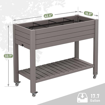 Raised Garden Bed with Wheels, Divisible Resin Planter Box with Drainage Gauge & Storage Shelf, Herb Planter for Garden Patio Backyard, Gray