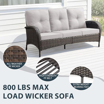 5 Piece Patio Furniture Set - Wicker Patio Conversation Set with Swivel Glider, 3 Seat Sofa, Tempered Glass Side Table and Coffee Table for Deck Backyard - Brown Wicker Beige Cushion