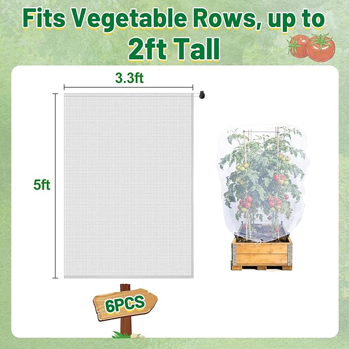 6 Pack Insect Bird Netting Cover - 3.3x5FT Garden Netting Blueberry Bushes Plant Covers with Drawstring, Fine Mesh Fruit Tree Net for Protecting Lemon Orange from Barrier Squirrel Deer