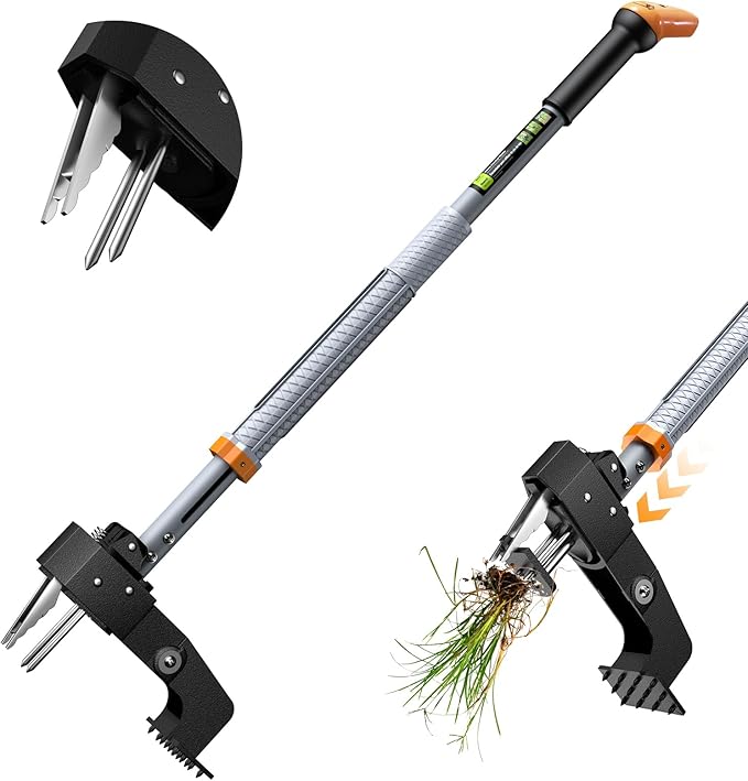 Weed Puller Tool - Stand Up Weed Puller with 4-Claw Steel Head, 39"-46" Retractable Handle & Easy-Eject Mechanism for Dandelions, Clover & More, No Bending or Kneeling