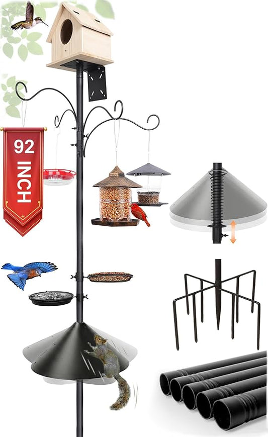 eWonLife 92 Inch Squirrel Proof Bird Feeder Pole with 9 Prongs Base, 1 Inch Dia Bird House Pole, Heavy Duty Bird Feeder Stand, Adjustable Shepherds Hooks for Outdoor with Squirrel Baffle Birdbath Tray