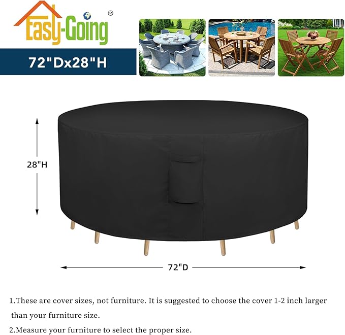 Easy-Going Round Patio Furniture Cover Waterproof Outdoor Dining Table and Chair Cover Anti-UV Outside Sectional Sofa Set Covers (72"DIA x 28"H, Black)