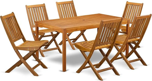 East West Furniture CMDK7CWNA 7 Piece Patio Dining Set Consist of a Rectangle Outdoor Acacia Wood Table and 6 Folding Side Chairs, 35x66 Inch, Natural Oil
