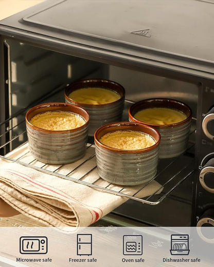 Hasense Creme Brulee Ramekins Oven Safe, 8 Ounce Ceramic Souffle Dish Set of 6, Small Dipping Sauce Bowls for Pudding, Souffle, Serving Dip, Custard, Ice Cream, Light Grey