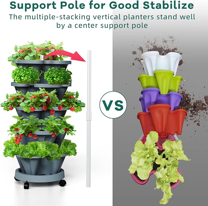7 Tiered Strawberry Vertical Planters Tower Garden 2 Pack, Stacking Herb Vegetable Planter with Support Pole Indoor and Outdoor - Dark Grey