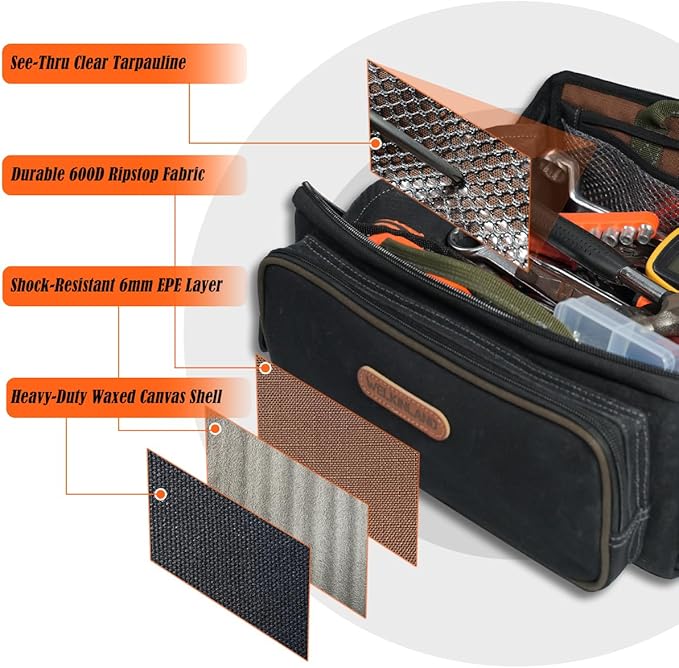 WELKINLAND LayFlat Tool Pouch Organizer, 13-Inch Small Tool Bag, Heavy-Duty Waxed Canvas Tool Pouch, 5-Pocket Small Tool Bags with Zipper, Wide-Open Electrician Tool Bag