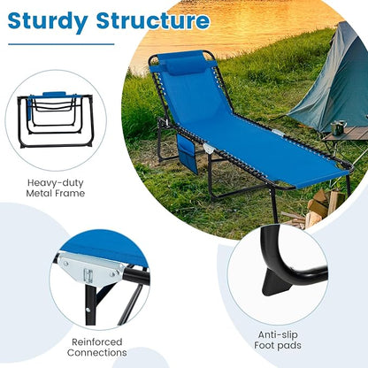 Tangkula Beach Lounge Chair for Outside, Folding Chaise Lounge Outdoor with 4-Position Backrest, Removable Headrest and Side Pocket, Portable Sunbathing Tanning Chair for Patio, Poolside (2, Navy)