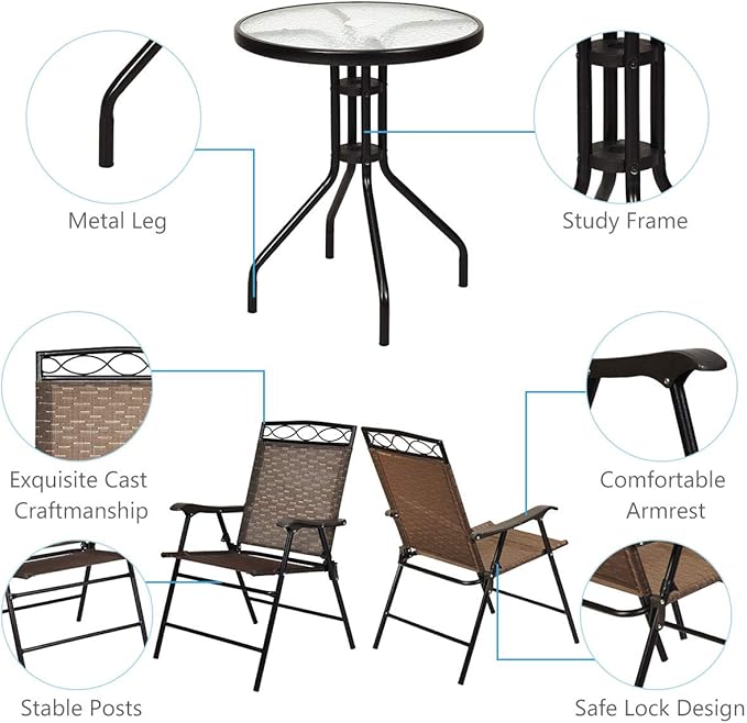 S AFSTAR 3-Piece Bistro Set, Patio Dining Furniture Set, Round Textured Glass Tabletop w/Umbrella Hole, Outdoor Conversation Set for Backyard Garden Poolside