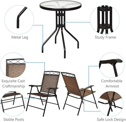 S AFSTAR 3-Piece Bistro Set, Patio Dining Furniture Set, Round Textured Glass Tabletop w/Umbrella Hole, Outdoor Conversation Set for Backyard Garden Poolside