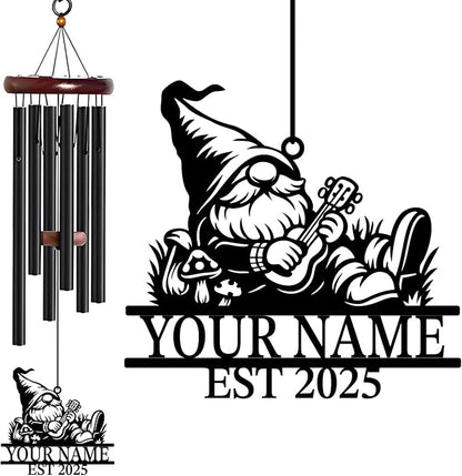 Personalized Customize Name Gnome Wind Chime, Metal Iron 37 Inch Outdoor Memorial Gift for Garden Yard Patio Home Decor, Black，Christmas (Style B)