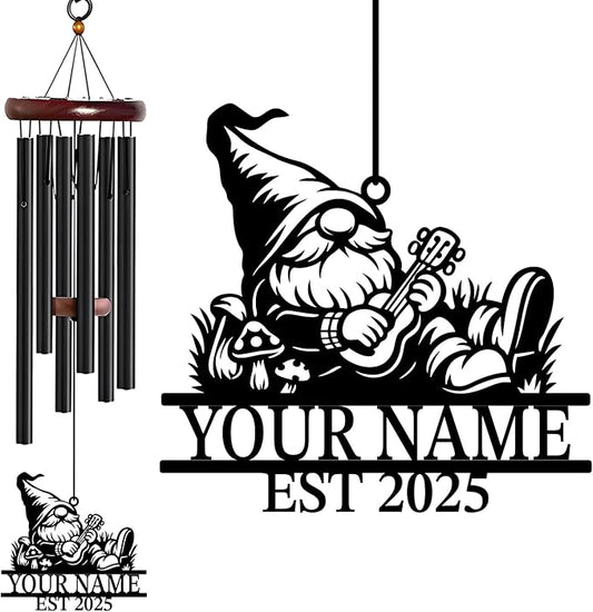 Personalized Customize Name Gnome Wind Chime, Metal Iron 37 Inch Outdoor Memorial Gift for Garden Yard Patio Home Decor, Black，Christmas (Style B)
