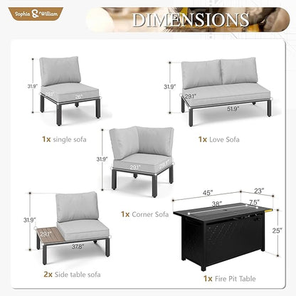 Sophia & William 6 Pieces Patio Furniture Set with 45" Fire Pit Table, Metal Outdoor Sectional Sofa Set -2 x Single Couch with Side Table,2 x Single Sofa,1 x Loveseat,1 x Propane Fire Pit