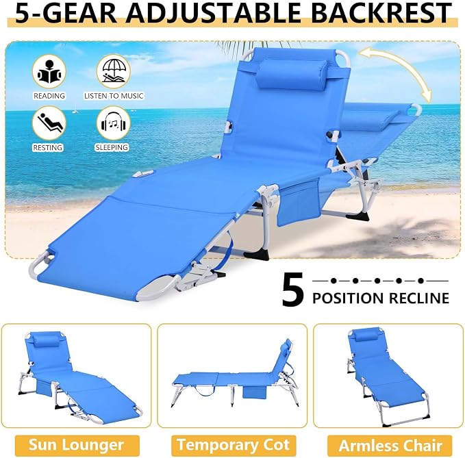 HRVEOCEI 3-in-1 Sun Tanning Chair with Face Hole,Adjustable 5-Position Folding Laying Out Chairs for Tanning,Outdoor Face Down Beach Lounger Sun Bathing Lounge Chair for Pool Deck Patio (Blue)