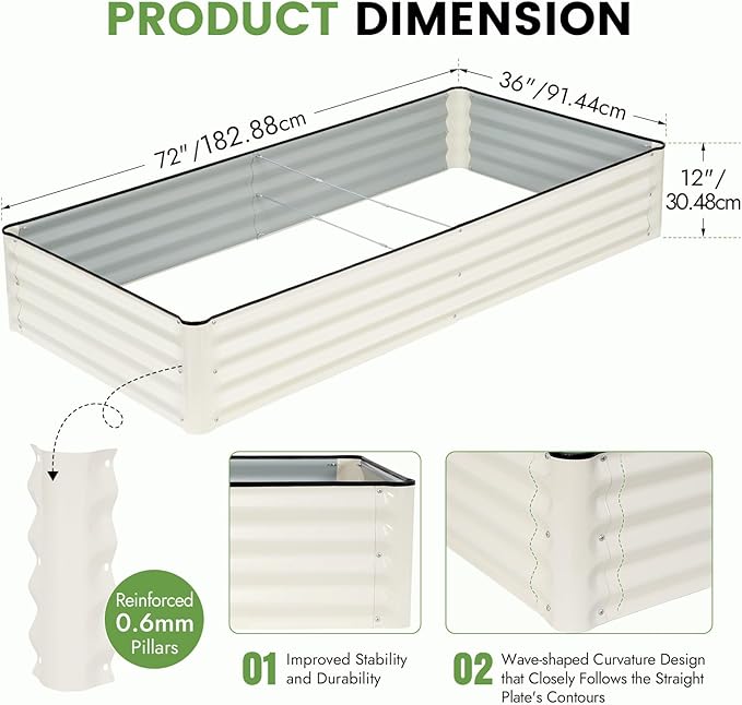 INNO STAGE Galvanized Raised Garden Bed Kits, 6x3x1ft Metal Raised Garden Beds Outdoor, Large Steel Raised Planter Bed with Gloves for Vegetables & Flowers Patio Ground Planter Box (White, 2PCS)