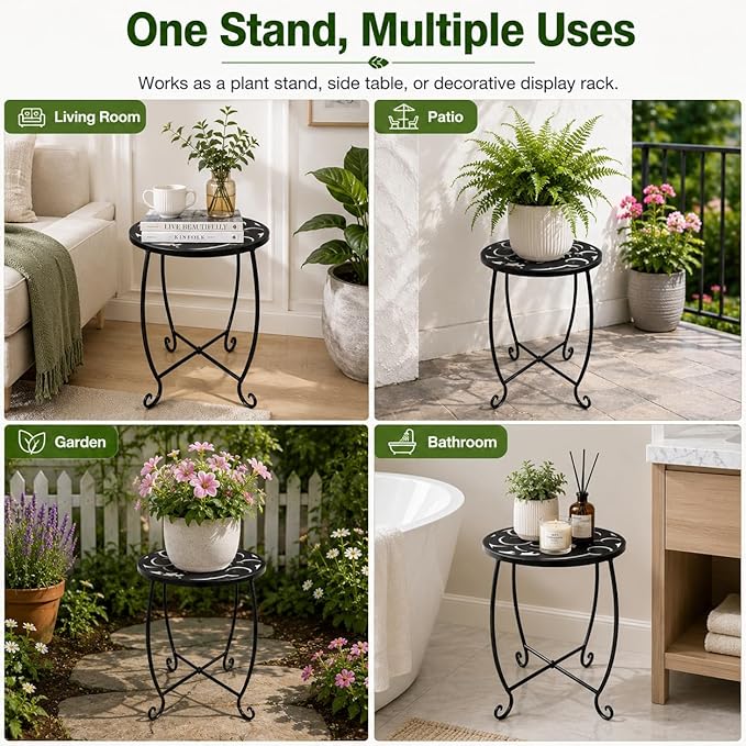 15 Inch Tall Metal Plant Stand Indoor Outdoor, Round Side Table with Swirl Pattern, Rust Resistant Iron Flower Pot Holder for Patio Garden Porch Living Room