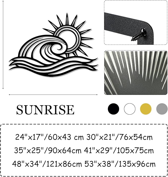 Sunrise Metal Wall Art, Sunrise Wall Decor Metal, Metal Wave Wall Art, Metal Sun Wall Decor Outdoor, Sunrise Sunset Metal Art Wall Decor, Wall Decor Living Room, Bathroom Wall Decor (35"x25"/90x64cm, White)