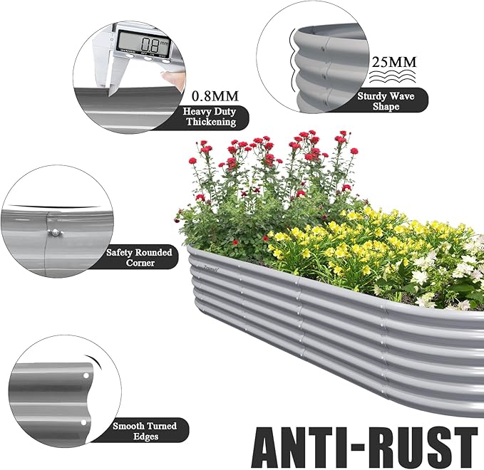 1 Pack 8x3x1.5FT Galvanized Raised Garden Bed Kit Oval Metal Ground Planter Box Outdoor Bottomless Planter Raised Beds for Vegetables Flowers Herbs Fruits, Gray