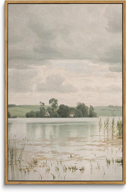InSimSea Framed Canvas Prints Art Vintage Decor, Countryside Lakeside Landscape Paintings, Large Prints, Vintage Retro Wall Decorations for Bathroom Bedroom Living Room, 16"x24"